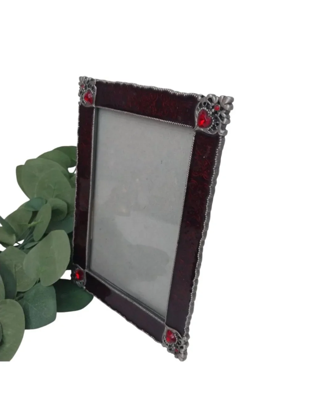 Vintage Enamel Picture Frame Red Silver Ornate Heart Filigree Gem Accents 5x3
